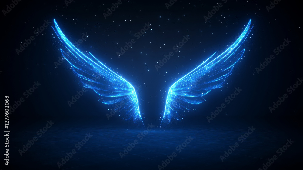 Poster luminous angel wings glowing in dark space, surrounded by sparkling particles, create magical and et