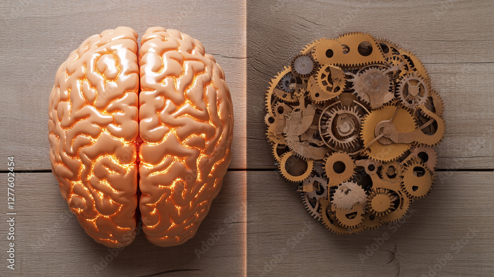 Poster split image showing human brain on one side and mechanical gears on other, symbolizing contrast betw