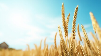 Fototapeta premium Golden wheat field under sunny sky, farm background