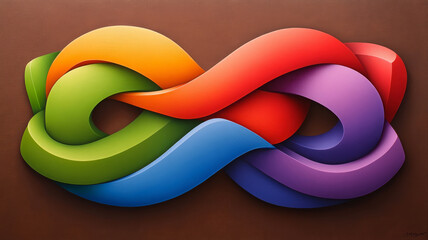 vibrant, abstract 3D structure featuring intertwined colorful ribbons in green, red, blue, and purple against brown background, evoking sense of fluidity and creativity