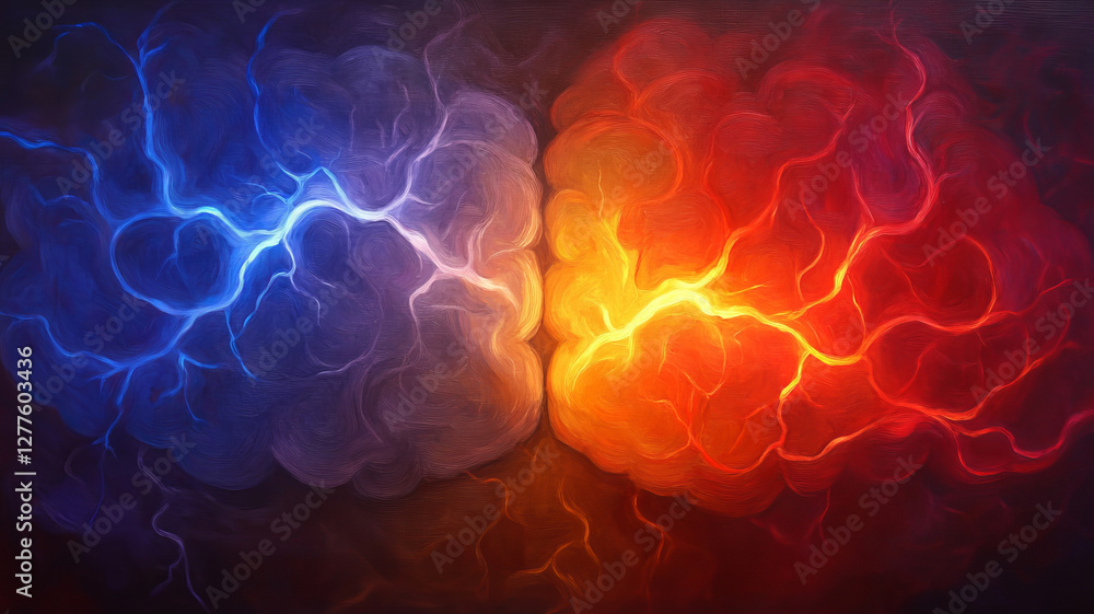 Poster vibrant digital painting of brain split into blue and red sections, symbolizing contrasting emotions