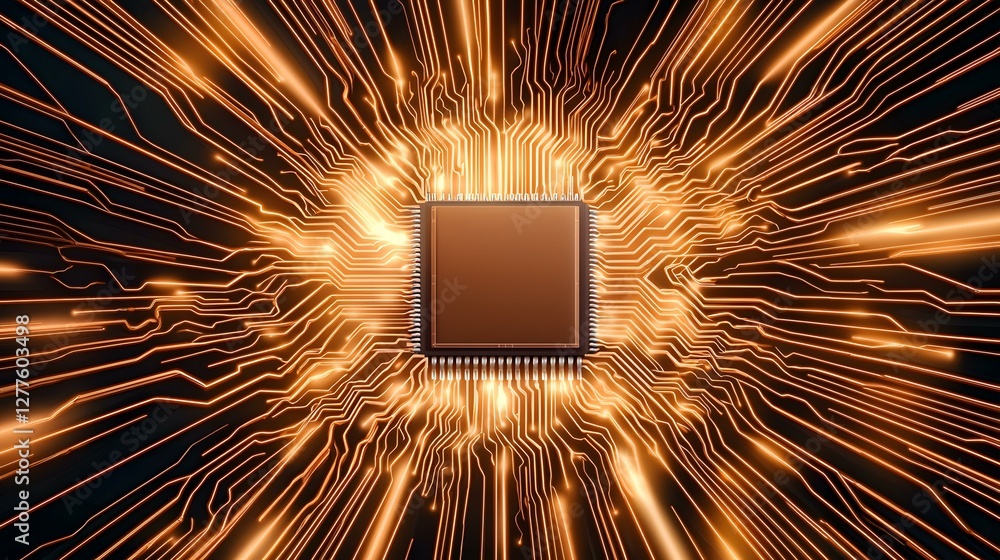 Aufkleber the image shows a computer microchip at the center of a circuit board with glowing orange lines radi