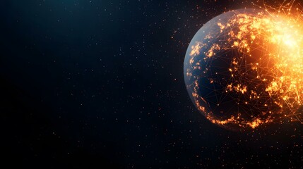 Obraz premium A stylized image of Earth at night, illuminated by city lights and interconnected by glowing lines, set against a dark space background sprinkled with stars.