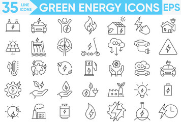 Green Energy Icon Set.Energy, ecology, green, electricity, alternative sources energy, efficienc, CO2 neutral, solar, geothermal, wind energy and more.Vector and illustrator set.