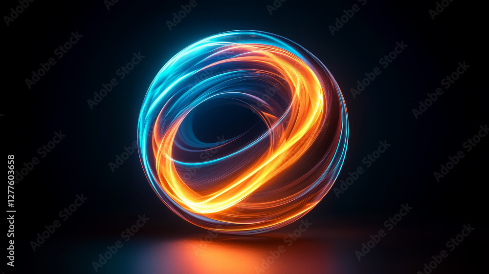 Poster vivid colorful sphere featuring spiral shape with glowing blue and orange light trails, creating dyn