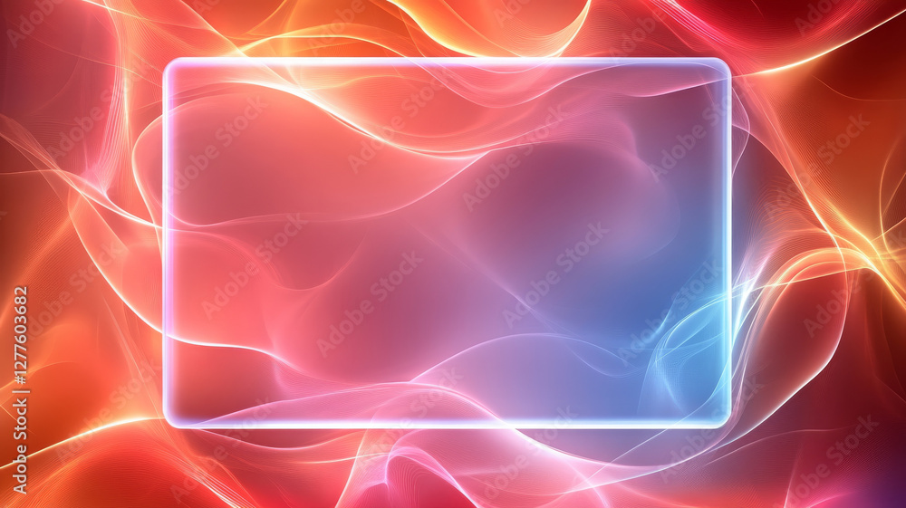 Poster vibrant abstract composition featuring flowing red and orange waves with glowing rectangular frame. 