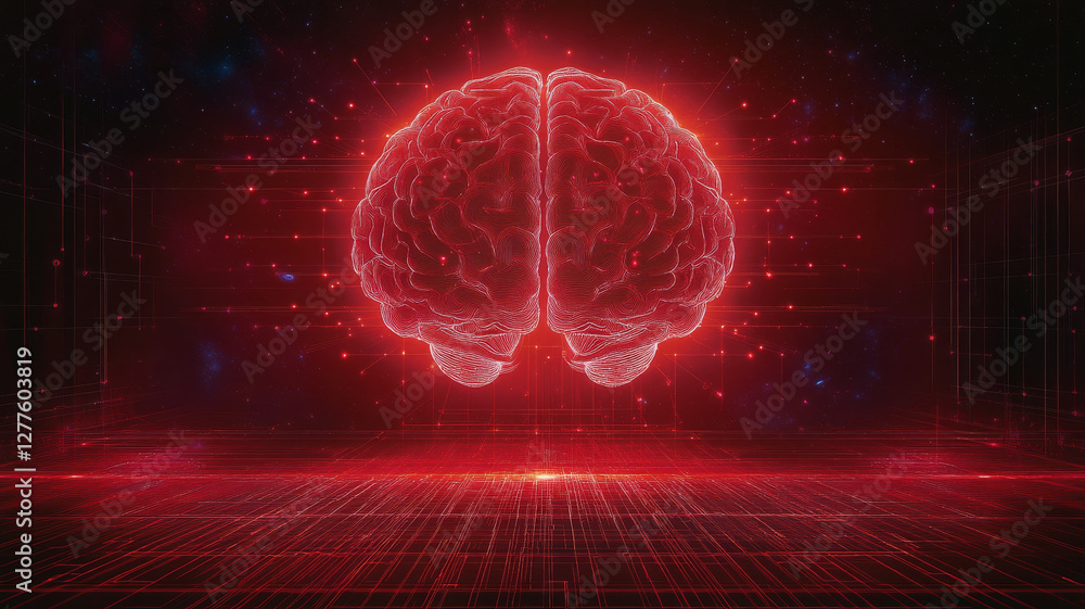 Poster artistic representation of brain in red tones, showcasing neural connections and digital elements, e