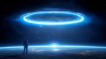 Obraz premium lone astronaut stands on edge of Earth, gazing at massive glowing ring in space, evoking sense of wonder and mystery