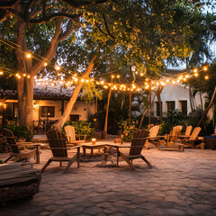 There are colorful lights hanging on the trees in the room yard, and there are multiple lounge...