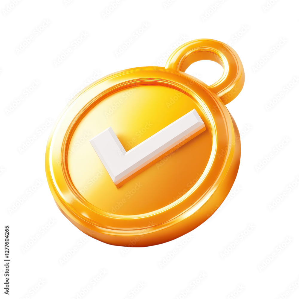 Poster golden checkmark icon: a gleaming gold coin features a checkmark symbolizing approval success or tas