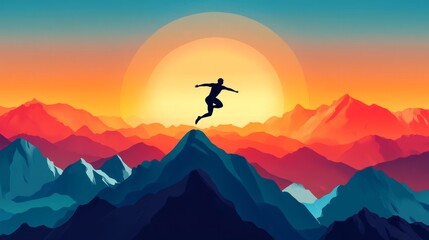 A silhouette of a runner leaping joyfully on a mountain peak at sunset.