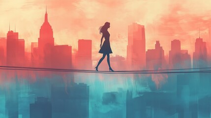 A silhouette of a woman walking on a tightrope above a vibrant city skyline.