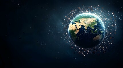 Fototapeta premium The image shows a digitally enhanced view of planet Earth from space, encircled by a glowing network of interconnected nodes, symbolizing global communication and connectivity.