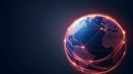 Obraz premium The image contains a stylized representation of the Earth, depicted as a globe composed of numerous interconnected points of light, enveloped by glowing, flowing lines that suggest global networks an