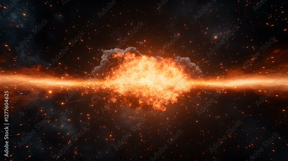 Poster a fiery explosion at the center of the image is surrounded by streaks of light and sparks against a 