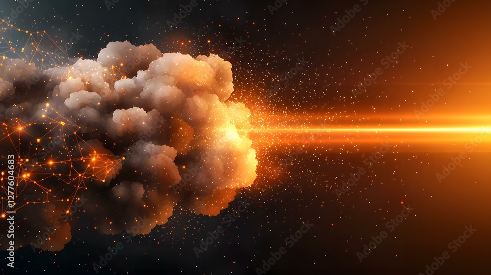 Poster the image shows a large, dark cloud-like formation with glowing orange particles and a network of co