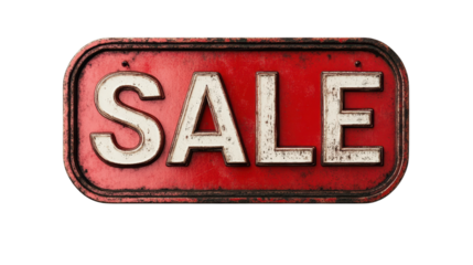 Vintage sale sign Red background with distressed letters on metal isolated on transparent