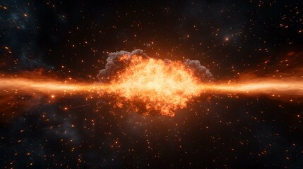 Fototapeta premium A fiery explosion at the center of the image is surrounded by streaks of light and sparks against a dark, space-like background.