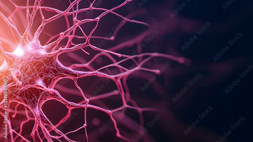 Poster the image shows a detailed close-up of a neuron, its intricate network of dendrites and axons glowin