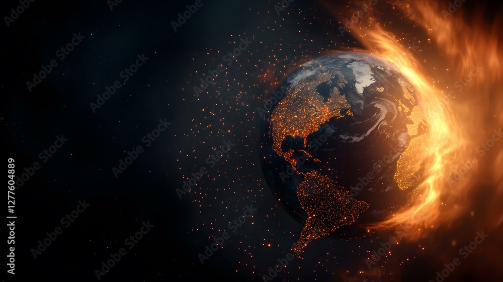 Poster a digital rendering shows planet earth engulfed in flames, with bright orange and yellow fire effect