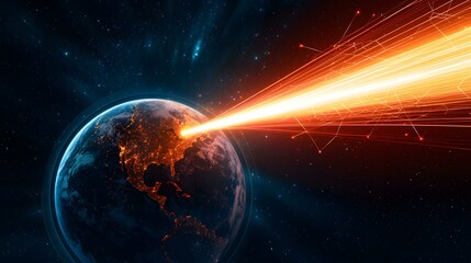 The image shows a vibrant depiction of Earth with a bright, fiery beam of light and energy emanating from space and striking the planet, particularly emphasizing North America.A medium description se