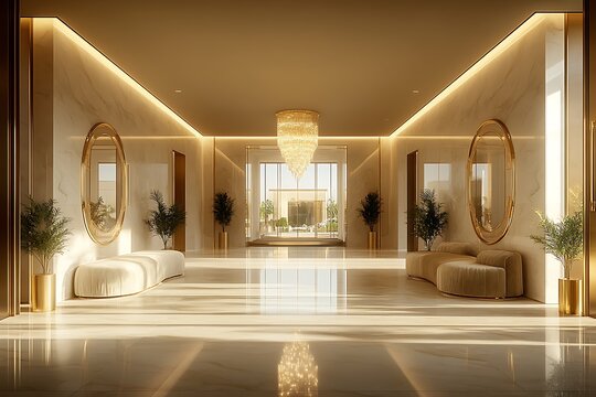 Elegant and spacious hotel lobby featuring modern decor, large mirrors, and a stunning chandelier
