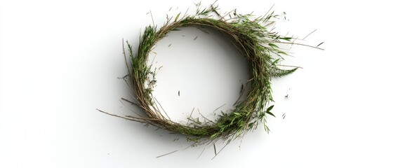 Fototapeta premium Circular arrangement of green grass disperses into the air creating an organic and natural effect in a minimalist setting