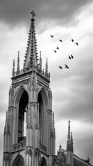 Obraz premium Gothic church spire, birds flying, cloudy sky. Stock photo