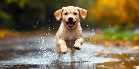 Joyful Golden Retriever Puppy Playing in Autumn Puddle