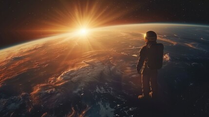 Obraz premium Astronaut Watching Sunrise over Earth from Outer Space with Vibrant Sunlight and Cloudy Atmosphere