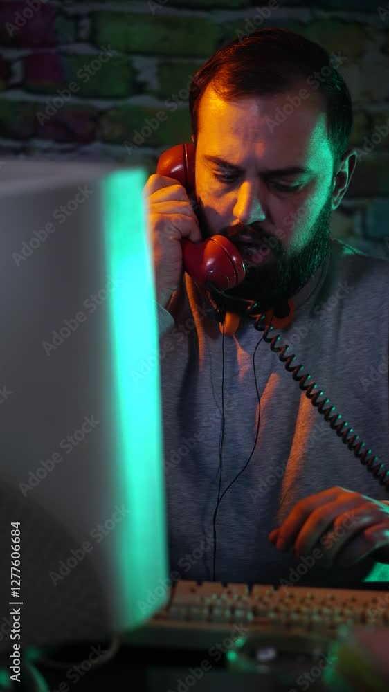 Poster vertical view of man talking over landline telephone in front of flickering screen of computer monit
