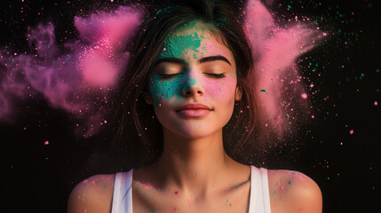Obraz premium Portrait of happy Indian woman celebrating Holi with powder colours or gulal. Concept of Indian festival Holi.