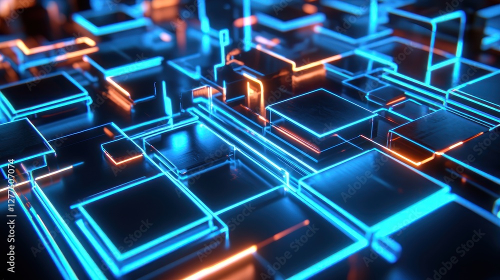 Poster abstract futuristic technology background with glowing neon lines and geometric shapes in blue and o