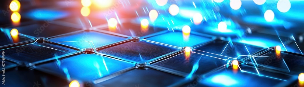 Poster captivating close up of futuristic circuit board with glowing lights and intricate details for techn