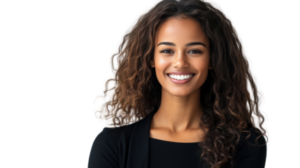 A young woman with beautiful curly hair smiles confidently, exuding warmth and approachability in a professional setting, perfect for lifestyle and business themes.