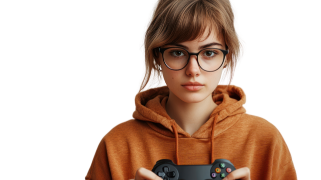 A young woman with glasses sits focused, holding a gaming controller. Her stylish hoodie reflects contemporary gaming culture and youthful energy.
