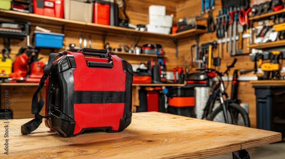 Aufkleber red and black tool bag on wooden table in workshop with assorted tools and bicycle in background