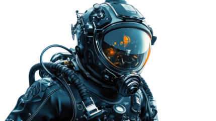 An advanced astronaut in a sleek black space suit with a reflective visor, showcasing cutting-edge technology for exploring the cosmos.