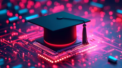 Graduation Hat on Circuit Board with Red and Blue Lights