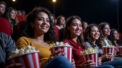Diverse Girlfriends Watching Movie Theater Popcorn