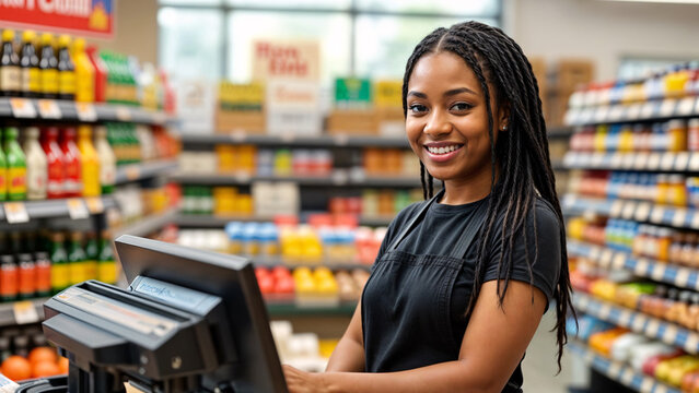 Black Female Standing in Front of Cashier Register in Supermarket with Shelves Stocked Background
