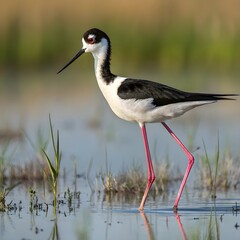 A black-necked stilt stands gracefully in water, highlighting its striking black neck and long legs.