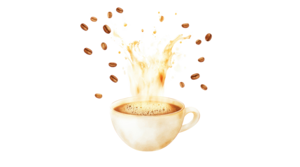 An artistic depiction of a coffee cup with a splash, surrounded by flying coffee beans, perfect for highlighting the joy of coffee culture.