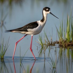 Obraz premium A black-necked stilt stands gracefully in water, highlighting its striking black neck and long legs.