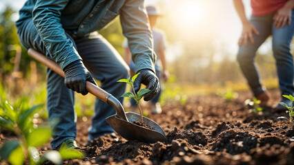 Person Planting Sapling With Volunteers in Background and Sunlight