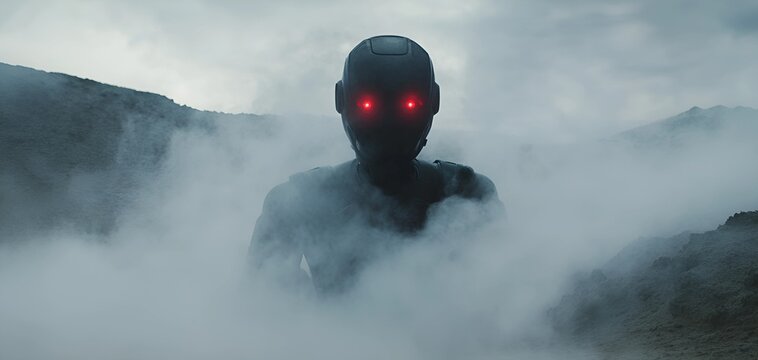 A mysterious robot emerges from dense fog on an alien planet with glowing red eyes and metallic armor.