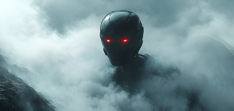 A mysterious robot emerges from dense fog on an alien planet with glowing red eyes and metallic armor.