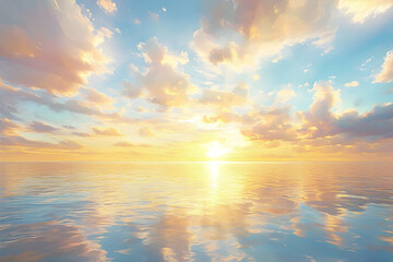 Obraz premium Serene sunset over calm ocean; picturesque sky with pastel clouds reflecting on tranquil water; idyllic beach scene, perfect for travel, vacation, or relaxation themes.