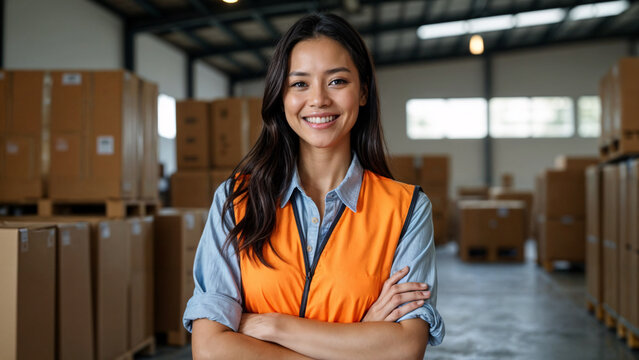 Confident Latina Woman Standing Amid Boxes in Warehouse
