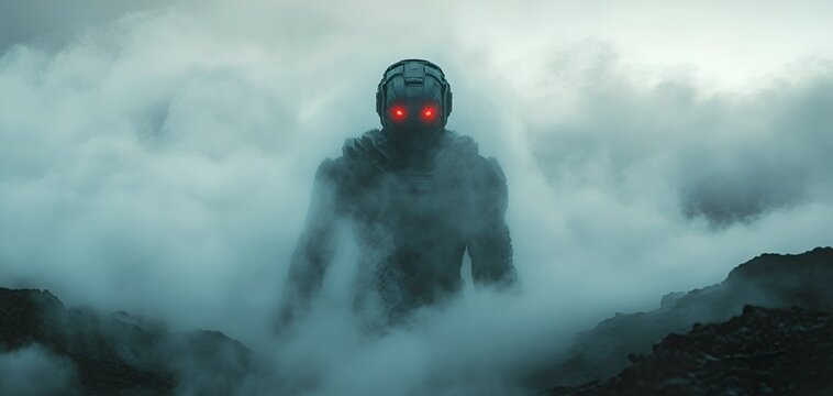 A mysterious robot emerges from dense fog on an alien planet with glowing red eyes and metallic armor.